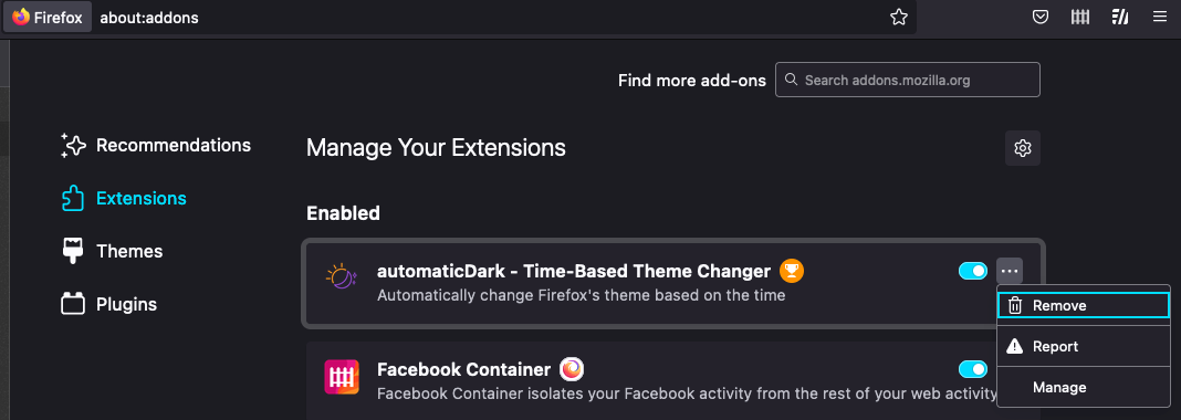 A screenshot of Mozilla Firefox automatic dark and facebook container extensions and the option to remove them