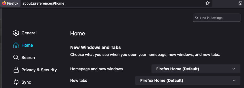 A screenshot of the Mozilla Firefox homepage settings