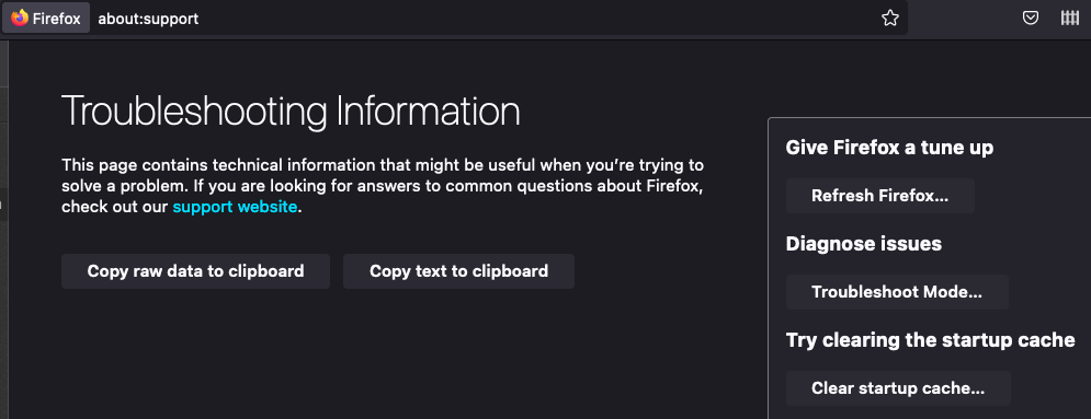 A screenshot of the Mozilla Firefox troubleshooting options, including the option to Refresh Firefox.