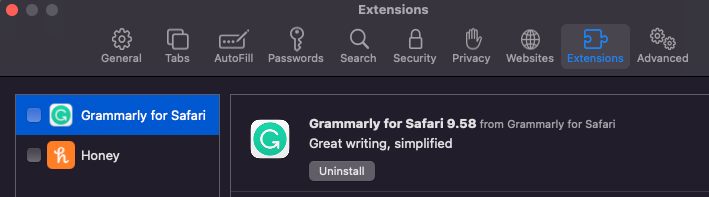 A screenshot of Safari showing the Grammarly extension and an option to uninstall it