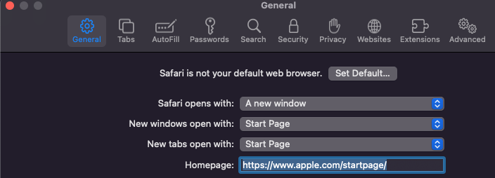 A screenshot of Safari settings and the option to change the Safari homepage