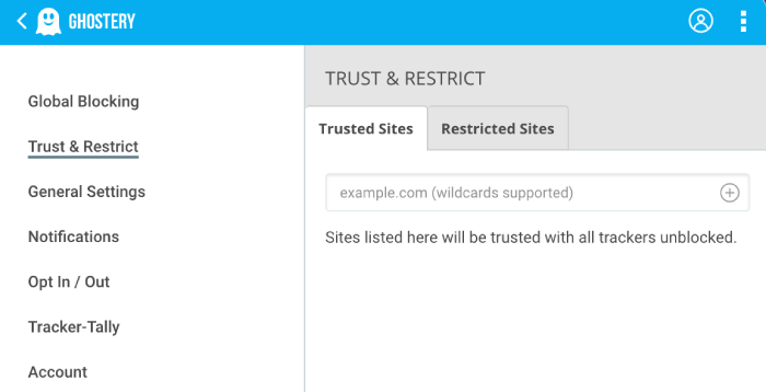 Ghostery app under the Trust & Restrict settings with the Trusted Sites tab open.