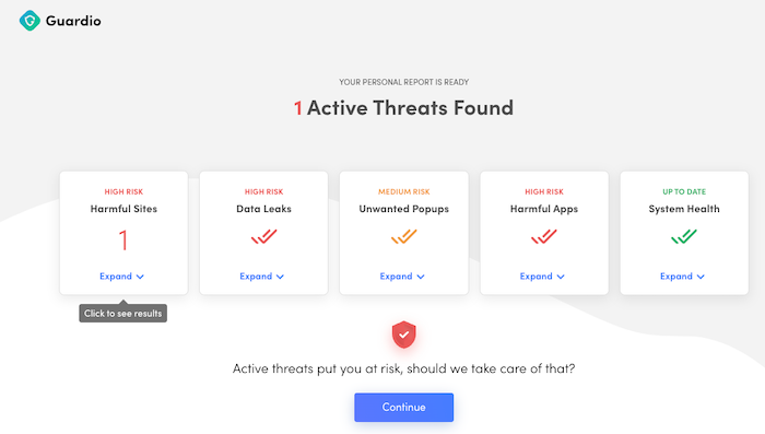 Guardio scans your browser for potential threats and sends you a report after to show you more details about any malicious activity it found.