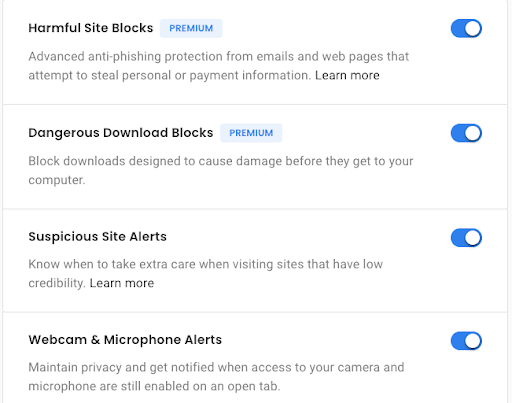 Guardio settings for harmful site blocks, dangerous download blocks, suspicious site alerts, and webcam & microphone alerts.