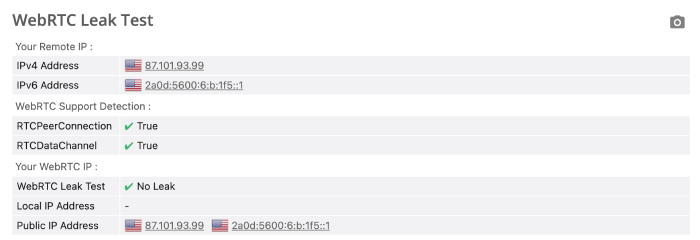 hide.me WebRTC leak test results.