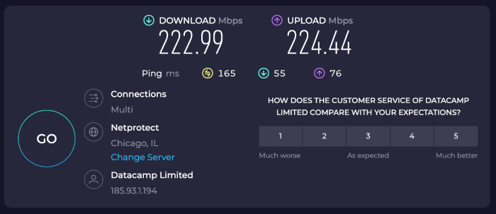 hide.me speed test results for US to US servers.
