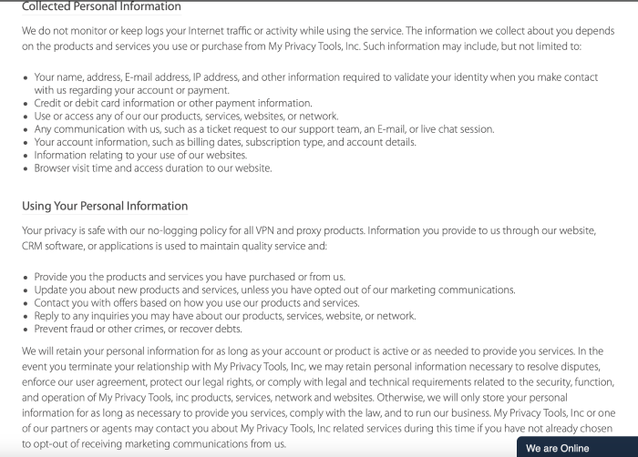 Hide My IP's privacy policy under the Collected Personal Information and Using Your Personal Information section.