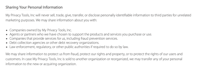 Hide My IP's privacy policy under the Sharing Your Personal Information section.