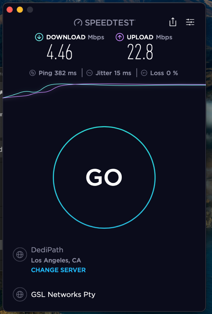 Hide My IP VPN's speed test results while connected to an Australian server.