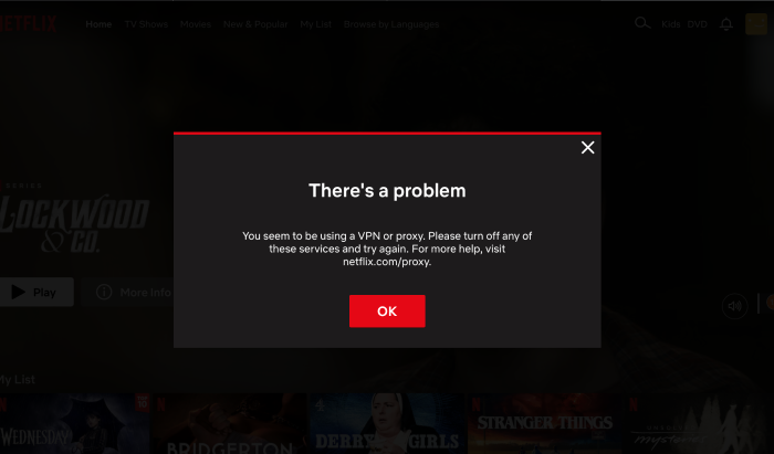 The Netflix error page detecting that the user is using a VPN or a proxy.