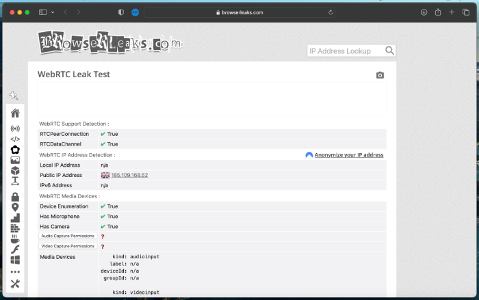 Hide My IP VPN WebRTC leak test results.