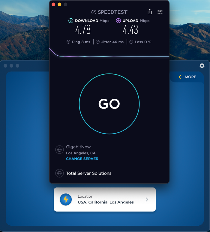 Speed test results with HMA VPN turned on from U.S. to U.S.
