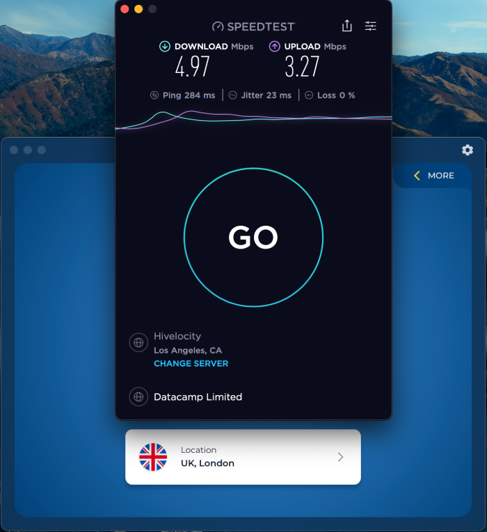 Speed test results with HMA VPN turned on from U.S. to U.K.