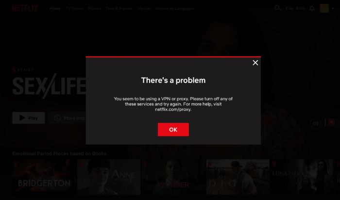 A Netflix error page that pops up while using HMA VPN.