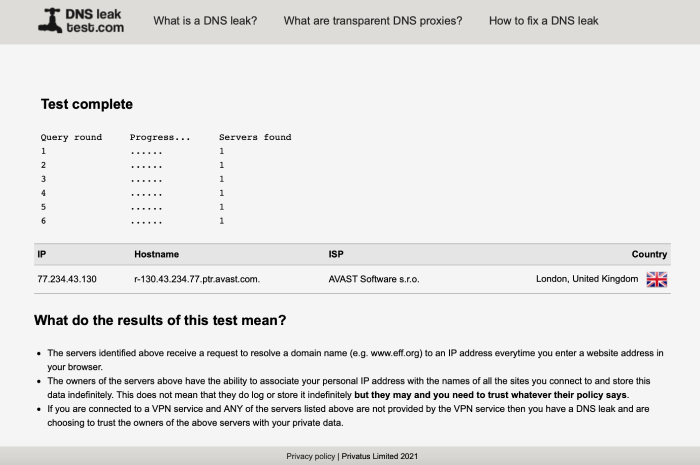 HMA VPN's DNS leak test results.
