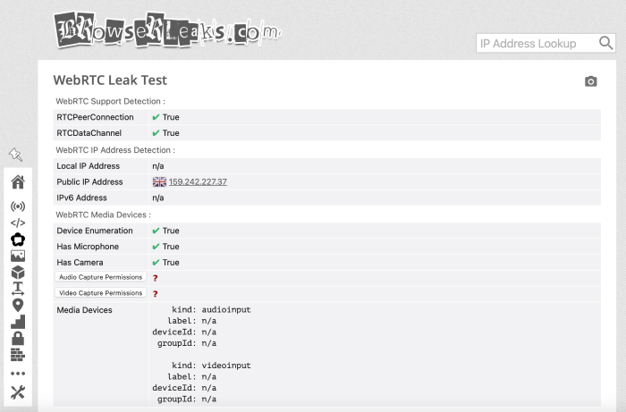 HMA VPN's WebRTC leak test results.