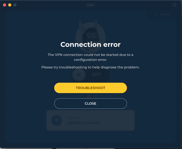 HMA Connection error pop-up offering to troubleshoot or close the window.