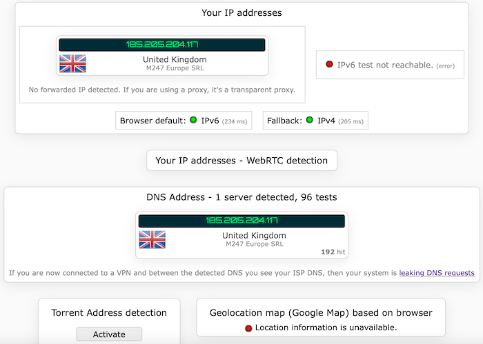 A screenshot of our IPLeak.net test results show that Hotspot Shield successfully masked our DNS info while we were connected to a UK server.