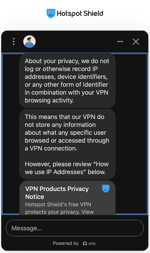 Our Hotspot Shield customer service rep explained to us how the VPN collects and uses IP address data.