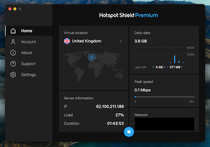 The Hotspot Shield dashboard and interface are clean and easy to use.