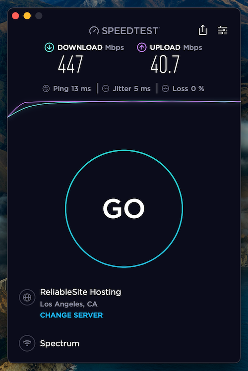 With no VPN connected, our download speed is 447 Mbps and upload speed was 41 Mbps. Our latency was 13 ms.