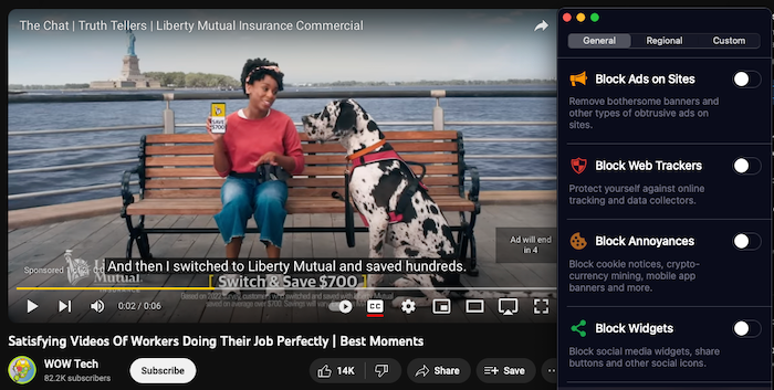 Without 1Blocker turned on, we were subjected to (yet another) Liberty Mutual ad on YouTube.