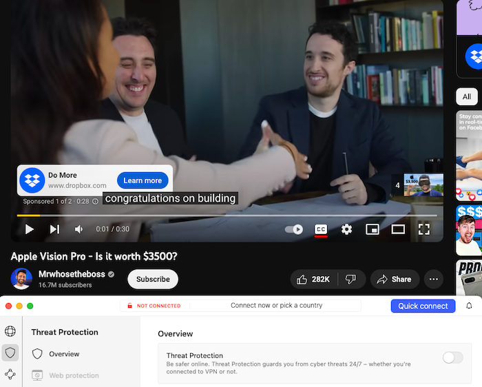 Without NordVPN Threat Protection turned on we saw ads in our YouTube videos.
