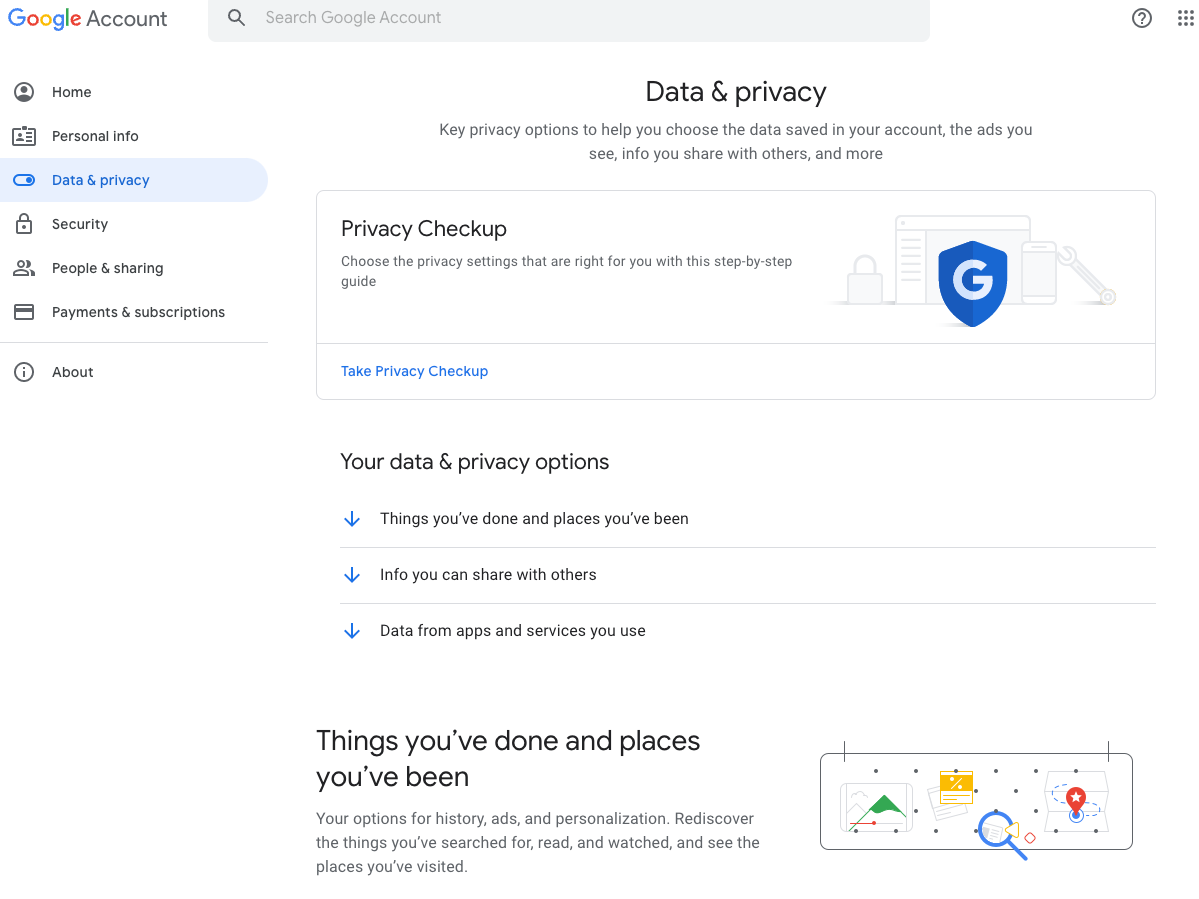 A screenshot of the Google Data & privacy settings page that shows the option to take a privacy checkup, history settings, and other privacy settings.