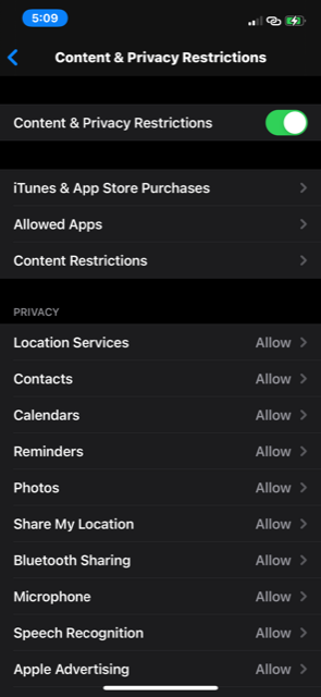 A screenshot of an iPhone in dark mode. The Content & Privacy Restrictions window is open, showing multiple privacy settings like location services, microphone, and Share My Location.