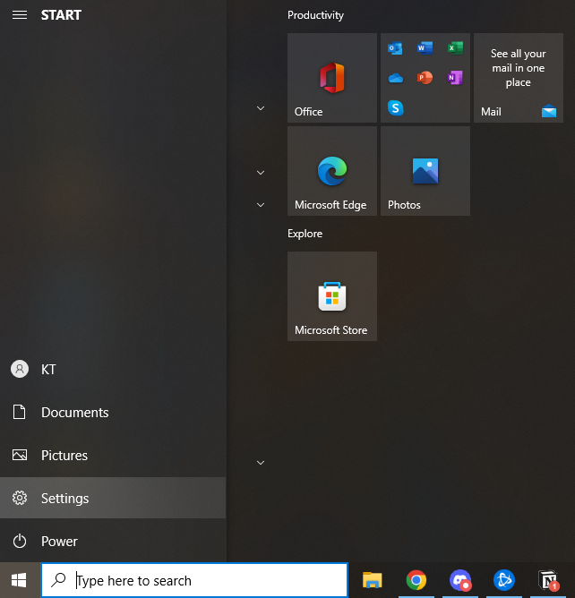 A screenshot of the Windows 10 Start menu and the Settings option highlighted.