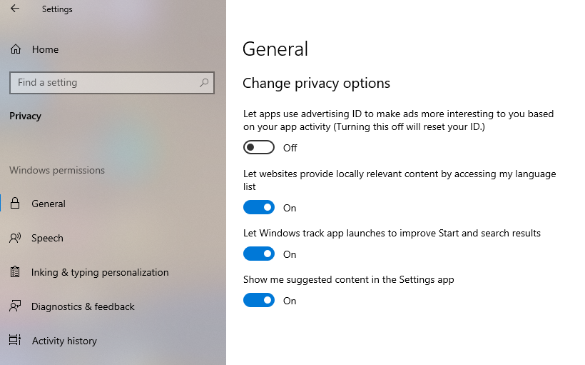 A screenshot of the Windows 10 settings window with Privacy selected and the option to change different privacy settings.
