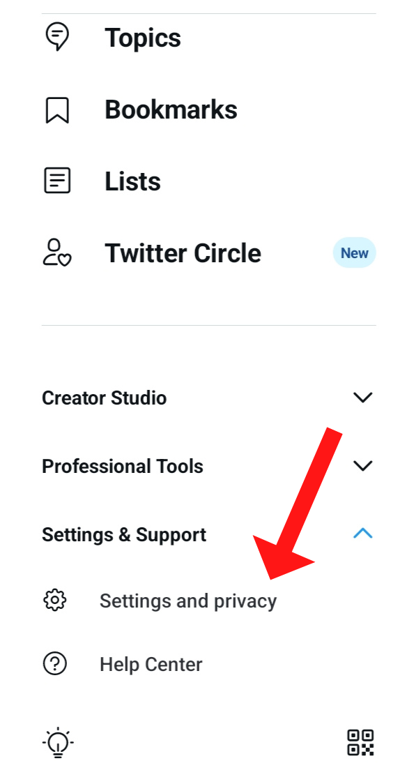 On the Twitter app, a menu is open with a red arrow pointing to Settings and privacy.