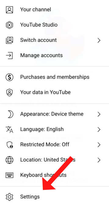 On YouTube, a menu with a red arrow pointing to the Settings button.