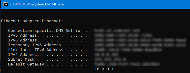 A screenshot of the Windows command line window with the default gateway 10.0.0.1 shown