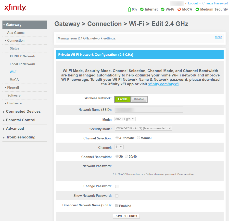 A screenshot of an Xfinity Gateway router's Wi-Fi settings, showing where you can change the network name and password.