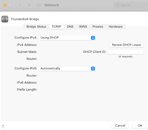 A screenshot of the Network settings on a Mac showing the TCP/IP tab selected and the Renew DHCP button that should be clicked if you want to change your IP address.