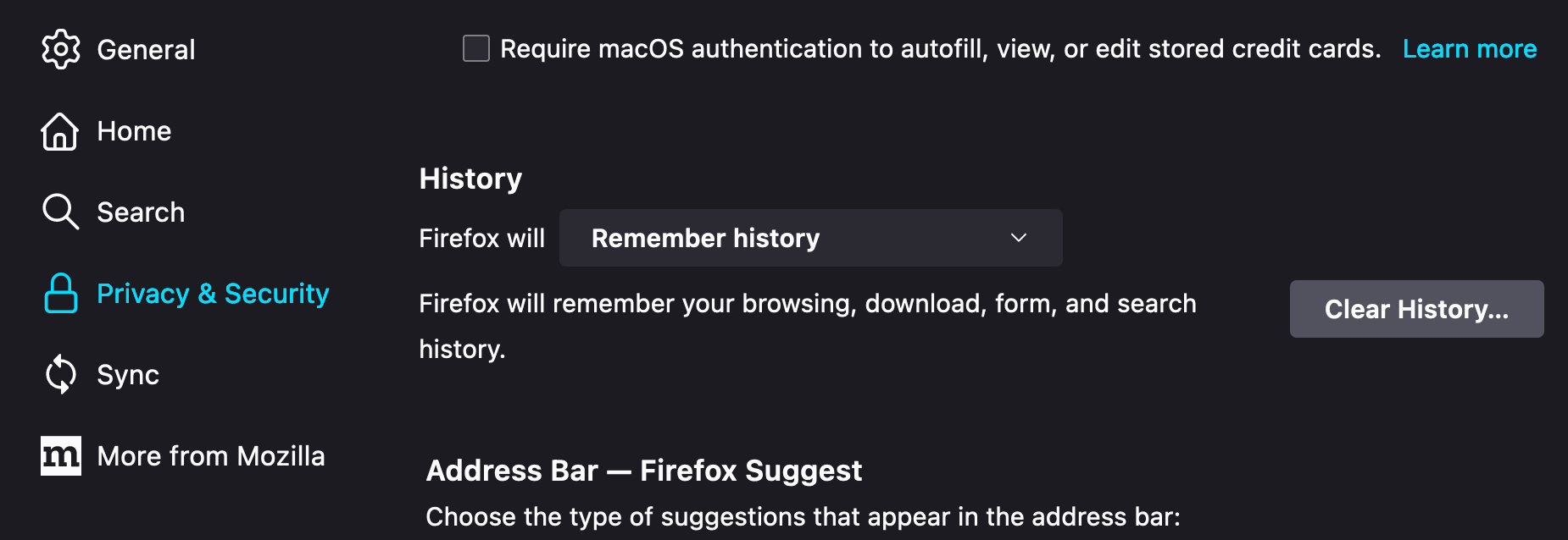 A screenshot of the Firefox Privacy & Security settings with the Clear History button showing.