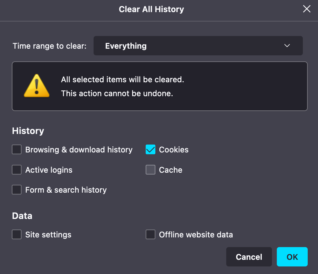 A screenshot of the Firefox Privacy & Security settings showing Cookies selected for deletion.