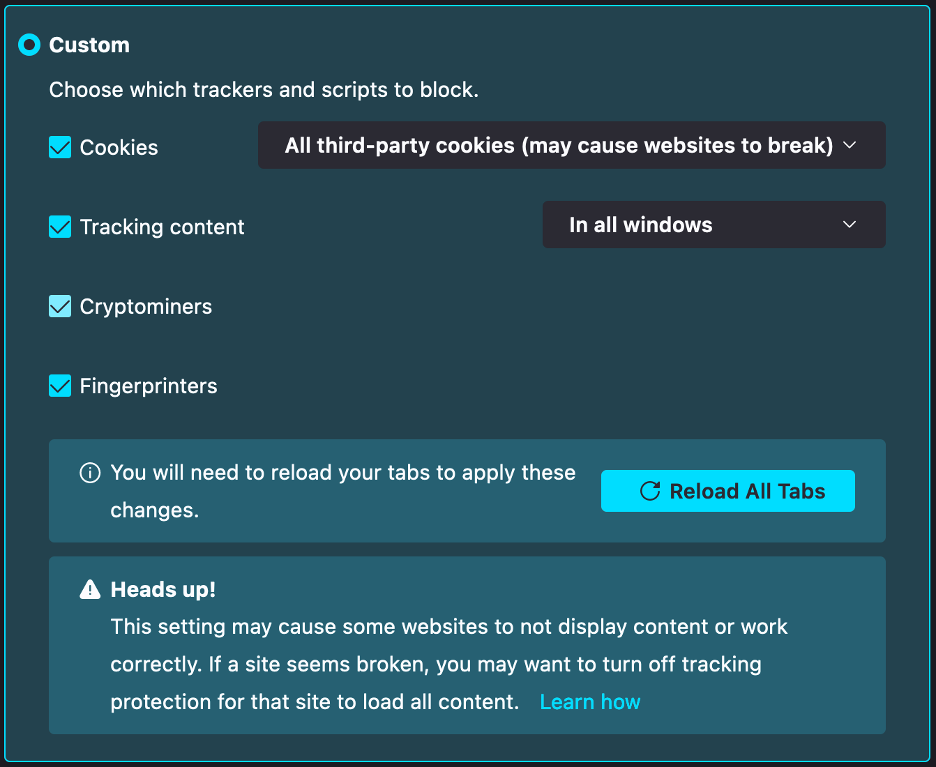 A screenshot of the Firefox Privacy & Security settings and the Enhanced Tracking Protection section. The Custom setting is selected, and the option to block all third-party cookies is chosen.