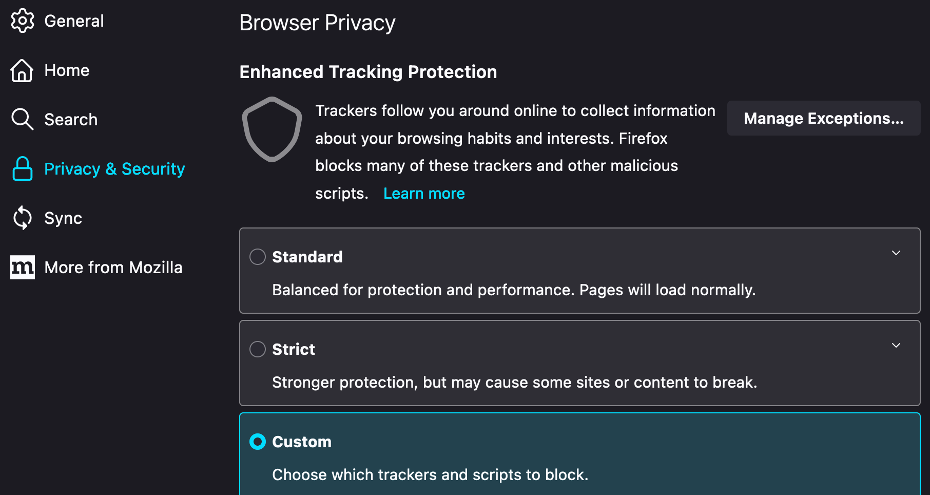 A screenshot of the Firefox Privacy & Security settings and the Enhanced Tracking Protection section with the Custom setting selected.