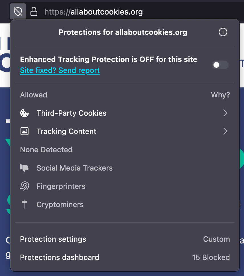 A screenshot of the drop-down menu that appears when you click the shield icon next to the URL in Firefox. Enhanced Tracking Protection is toggled off for this particular website to allow all cookies.