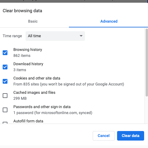 A screenshot of the Google Chrome web browser's Clear Browsing Data window and advanced options, showing a time range of "All time" and with browsing history, download history, and cookies and other site data checked.