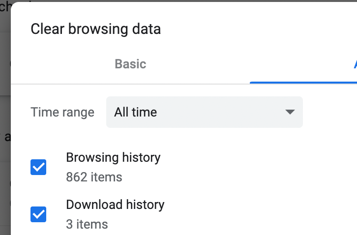A screenshot of the Google Chrome web browser's Clear Browsing Data window and advanced options, showing a time range of "All time" and with browsing history and download history checked.