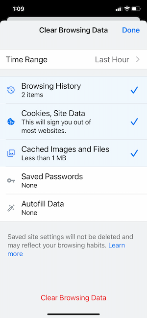 A screenshot of the Google Chrome web browser open on an iPhone with the Clear Browsing Data menu shown. Browsing History, Cookies, Site Data, and Cached Images and Files are all selected to be cleared.