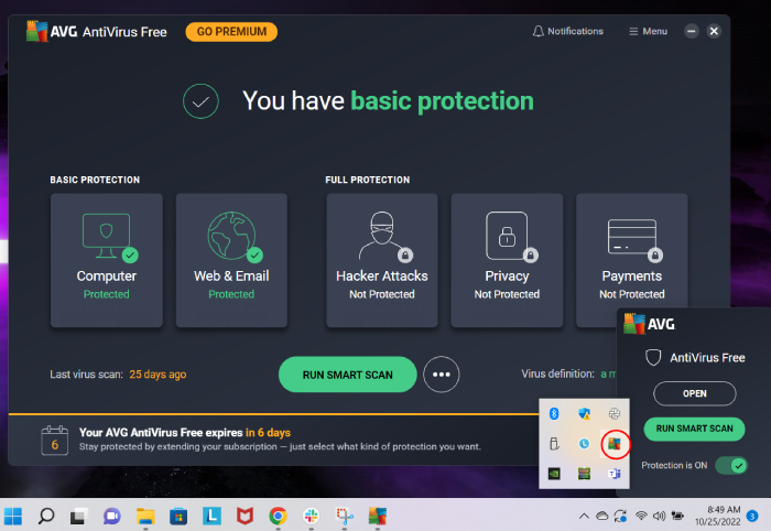 On the system tray at the bottom-right, the AVG AntiVirus icon is circled and there is a pop-up where the protection toggle is on.