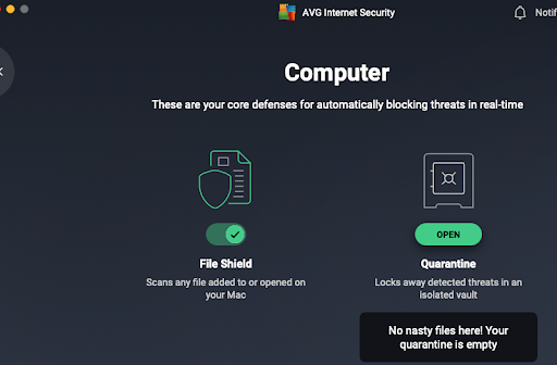 The computer security screen for AVG AntiVirus on a mac.