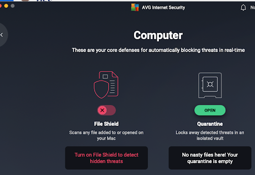 The computer security screen for AVG AntiVirus on a mac, with the File Shield option turned off.