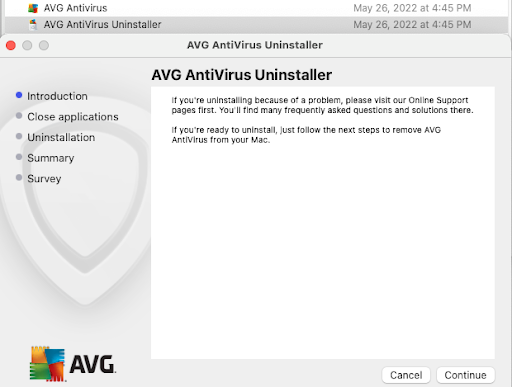 The AVG AntiVirus Uninstaller screen on a mac.