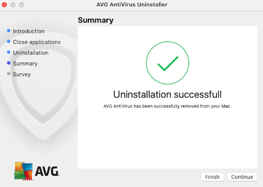 The uninstallation successful screen on the AVG AntiVirus Uninstaller on a mac.