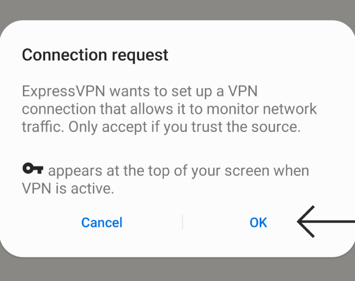 A pop-up on an Android phone requesting a connection request with ExpressVPN.